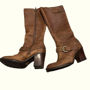 Born brown leather knee high boots with heel.